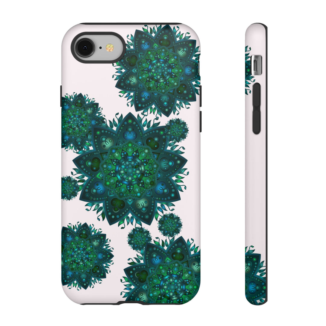 A beautiful light pink and green mandala phone case with a peaceful and intricate design