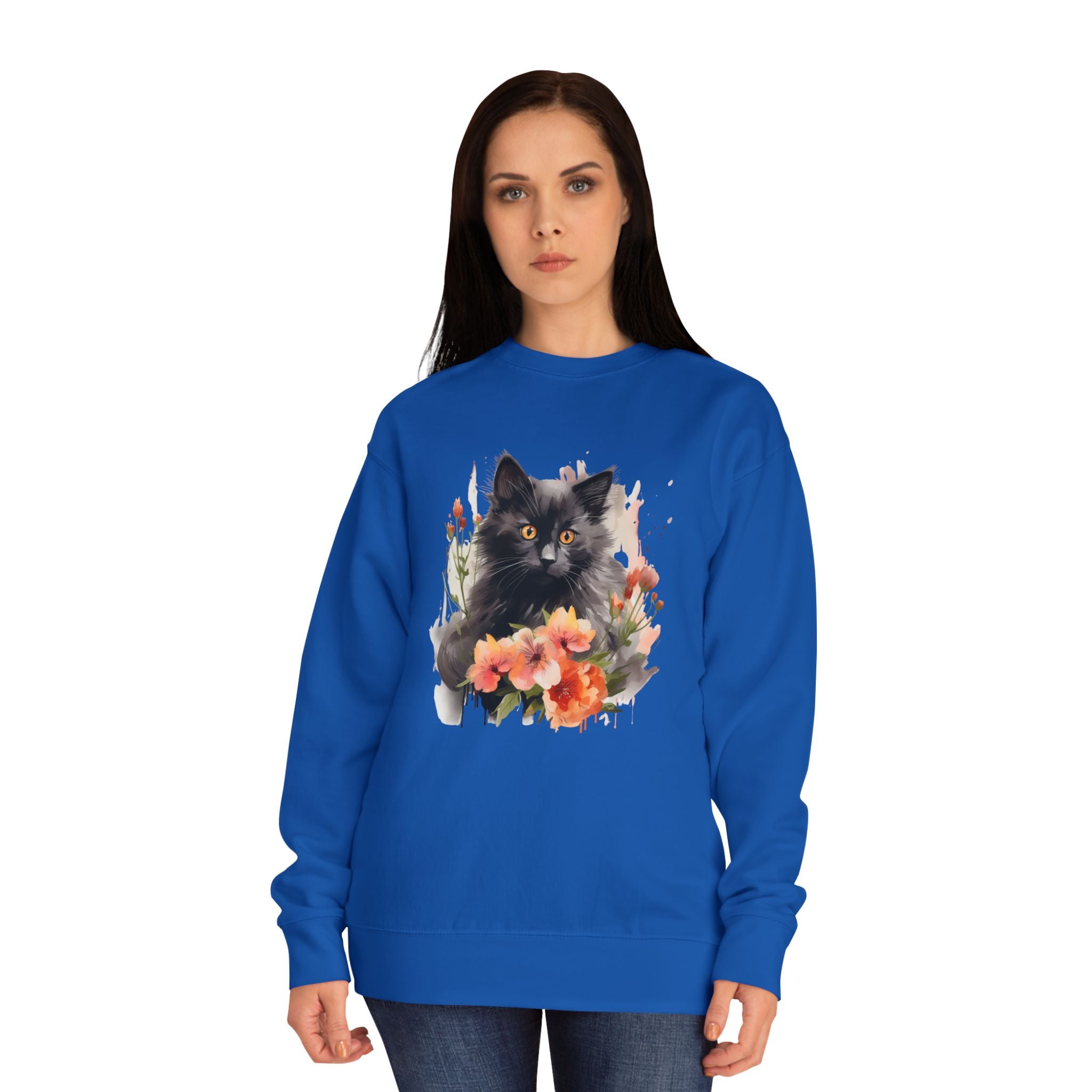 Black Cat and Blossoming Flowers Soft Cotton Sweatshirt
