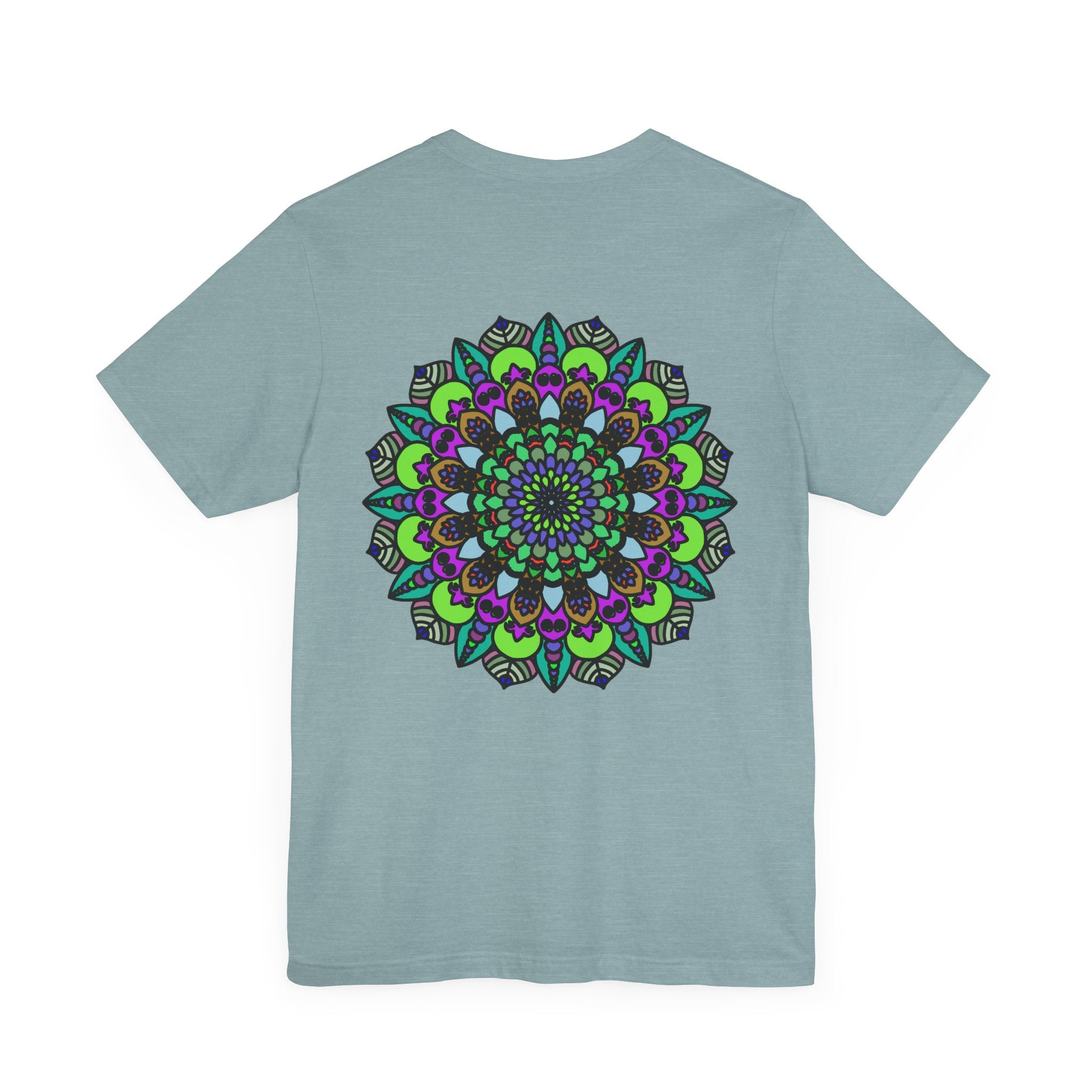 Close-up image of a Mandala Peace Tee, a soft cotton t-shirt featuring a vibrant mandala design symbolizing spiritual harmony and peace