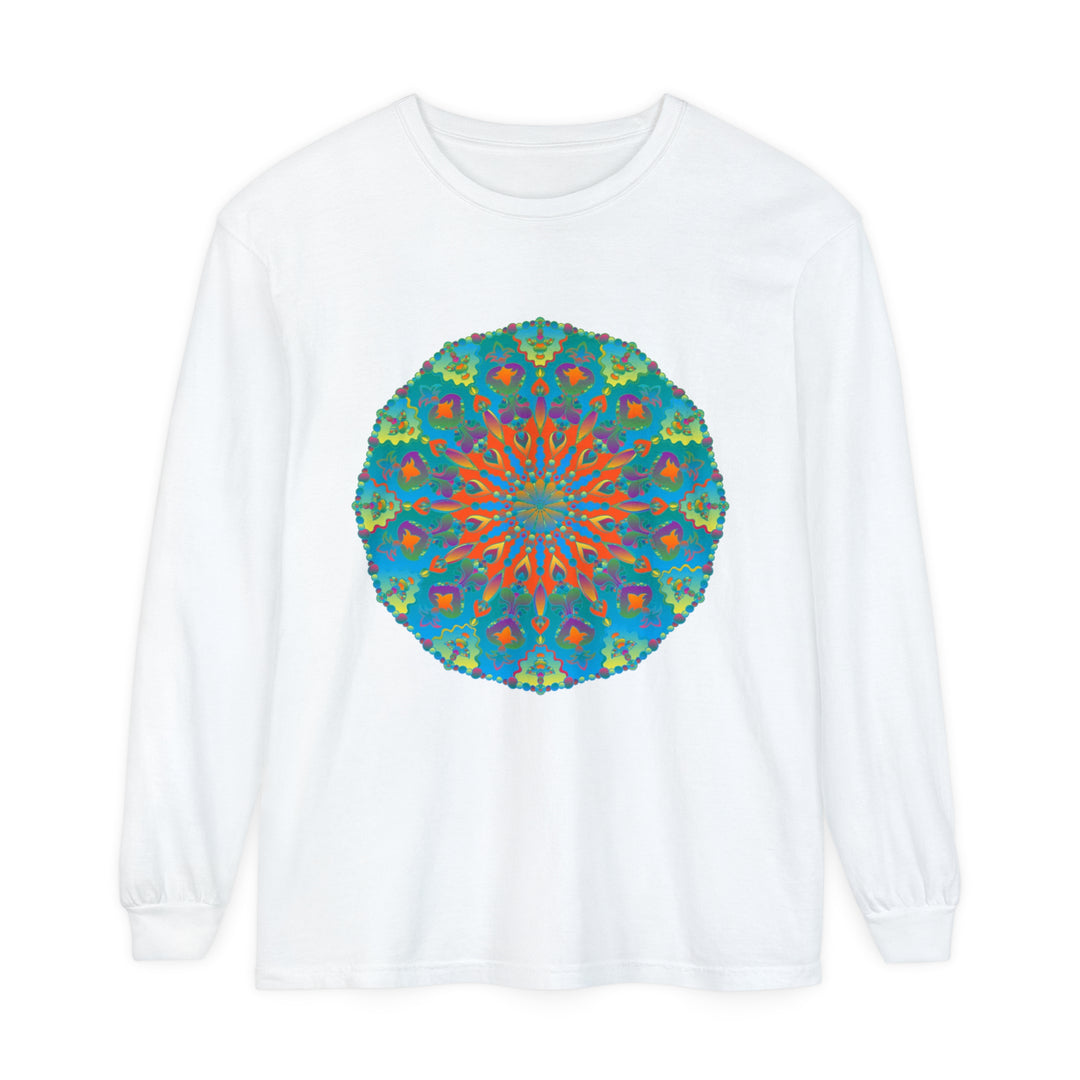 Rainbow mandala long sleeve t-shirt with vibrant colors and intricate design