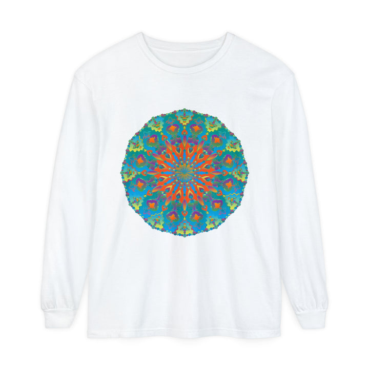 Rainbow mandala long sleeve t-shirt with vibrant colors and intricate design