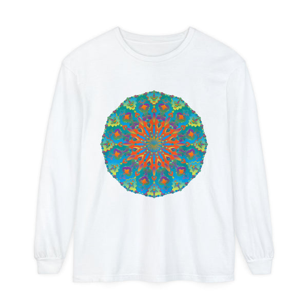Rainbow mandala long sleeve t-shirt with vibrant colors and intricate design