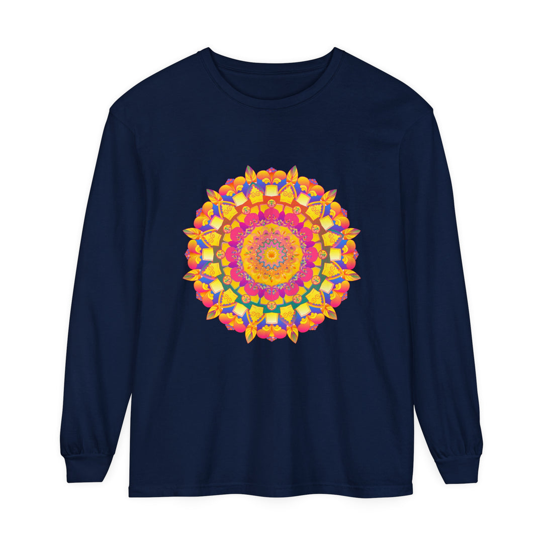 Vibrant and eye-catching long sleeve t-shirt featuring a colorful mandala design inspired by psychedelic art