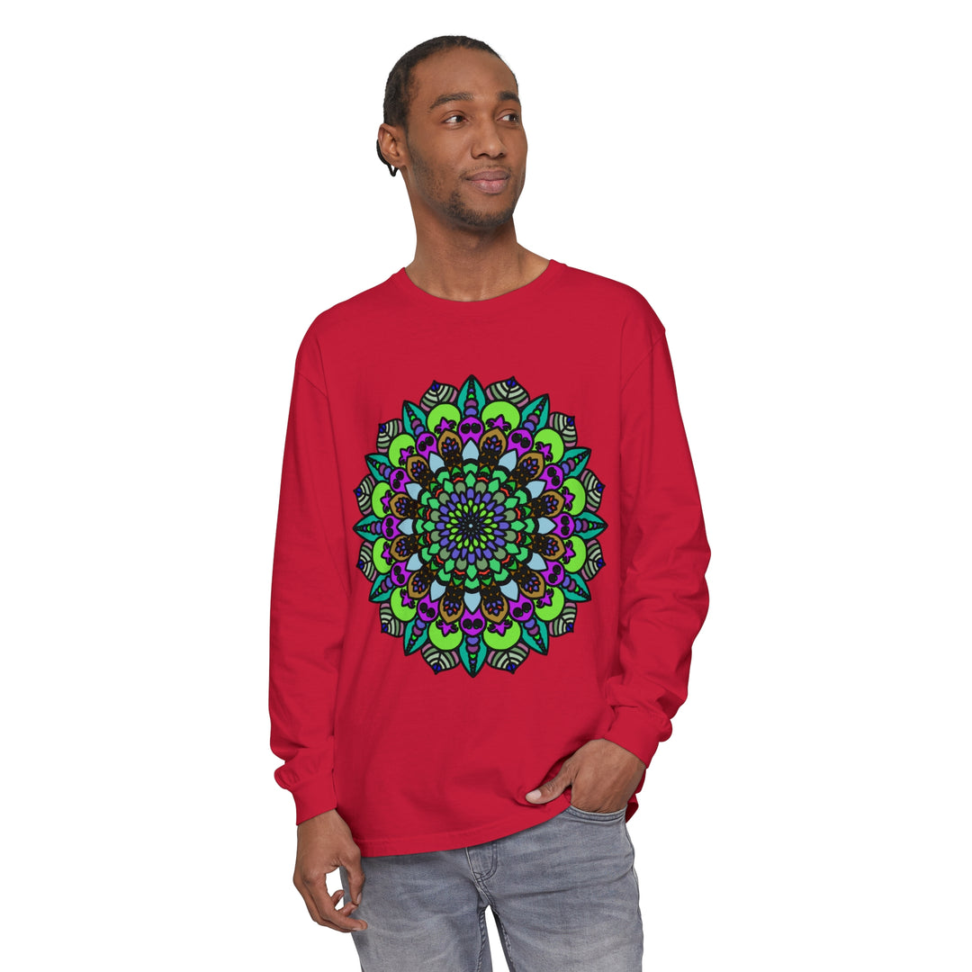 Colorful and intricate psychedelic mandala design featured on unisex long sleeve t-shirt