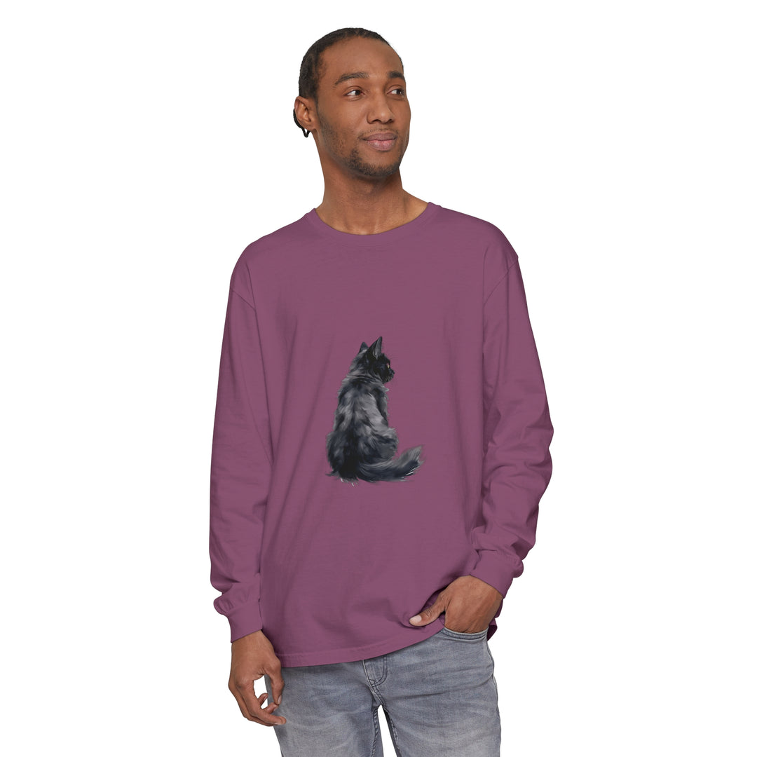 Black Cat Silhouette Unisex Long Sleeve T-Shirt featuring a striking black cat design against a moonlit backdrop, perfect for cat lovers and Halloween enthusiasts