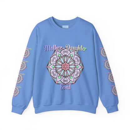 Mother and daughter embracing on a cozy, stylish crewneck sweatshirt