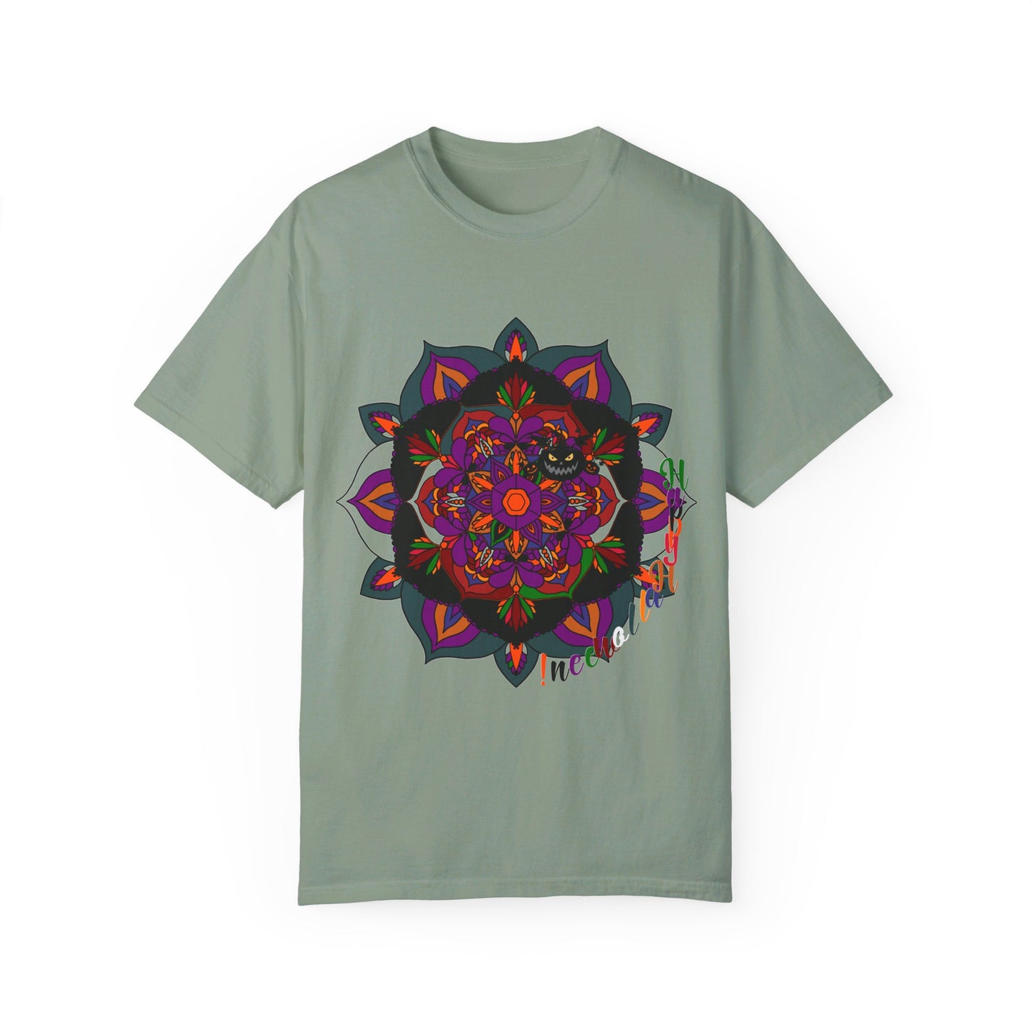 Handmade Mandala Design Halloween T-shirt - Unisex featuring intricate mandala pattern in orange and black colors, perfect for celebrating the spooky season and suitable for anyone, regardless of gender