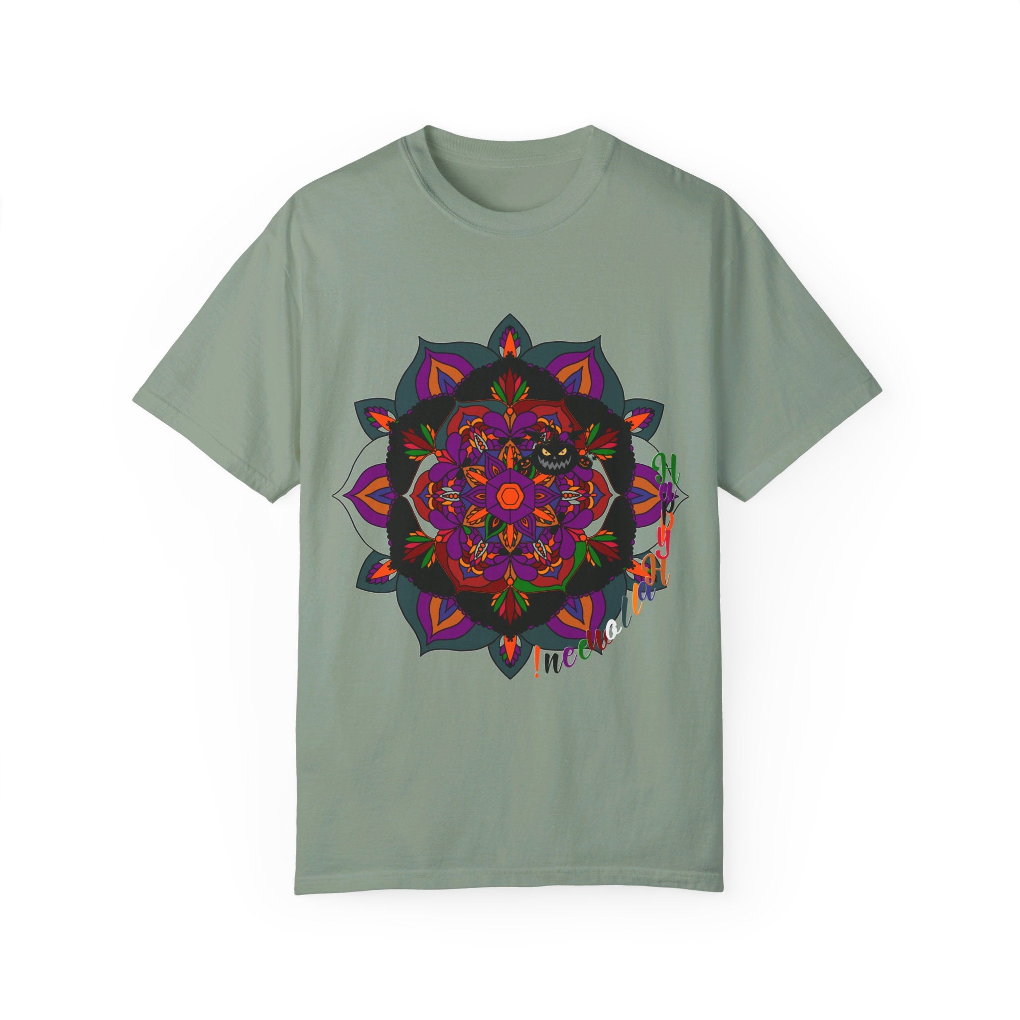 Handmade Mandala Design Halloween T-shirt - Unisex featuring intricate mandala pattern in orange and black colors, perfect for celebrating the spooky season and suitable for anyone, regardless of gender
