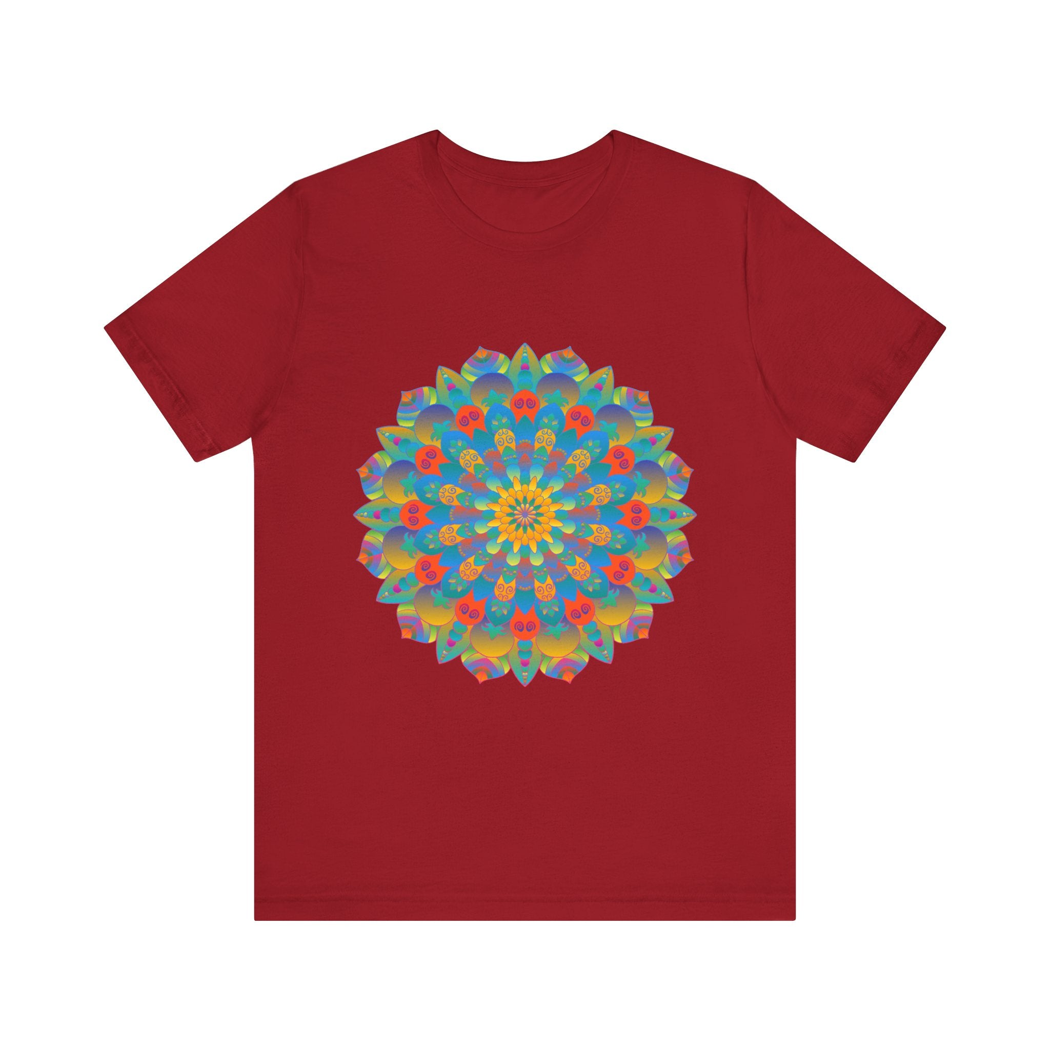 A close-up image of a vibrant mandala tee with an intricate and colorful design