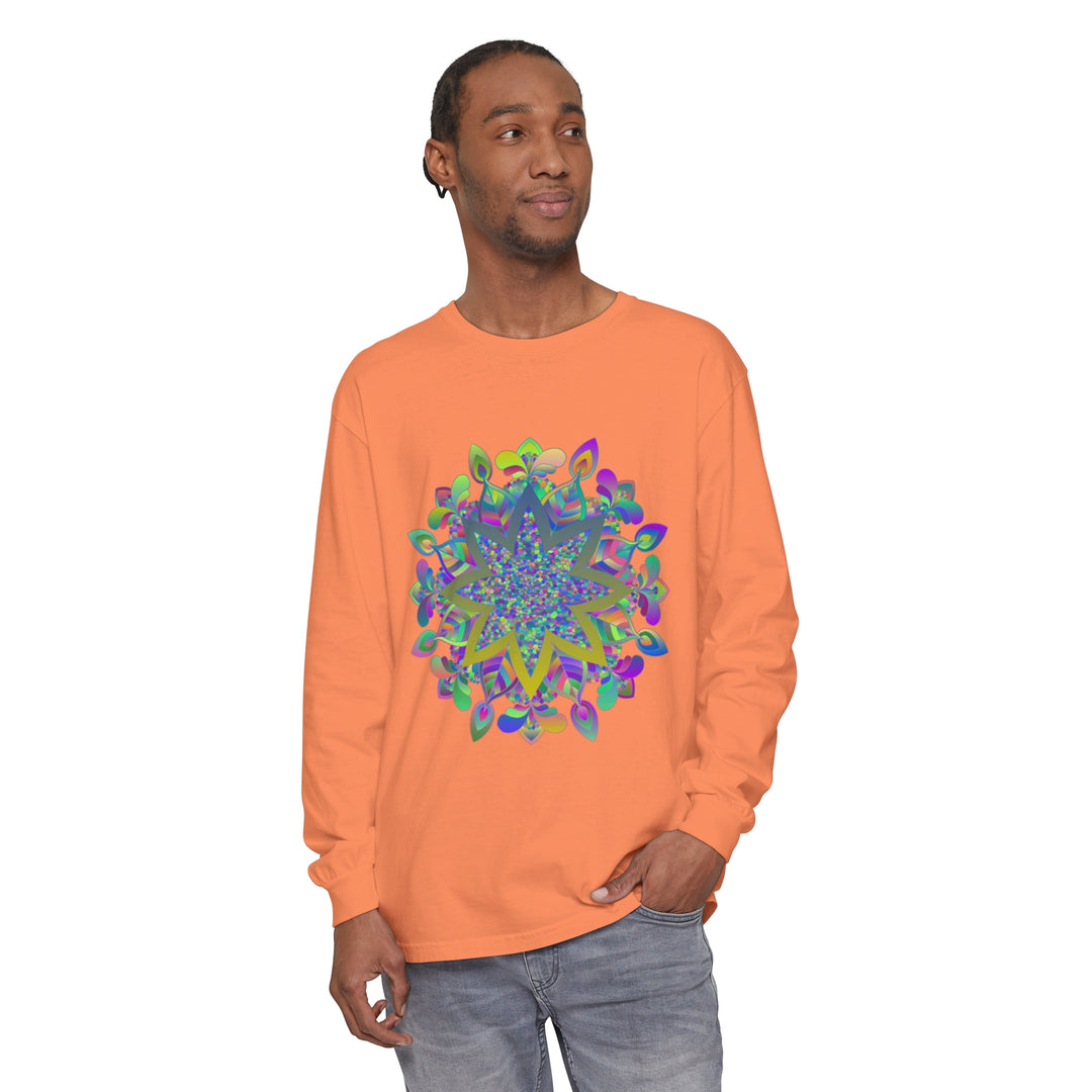 A vibrant, detailed mandala design long sleeve t-shirt for all genders