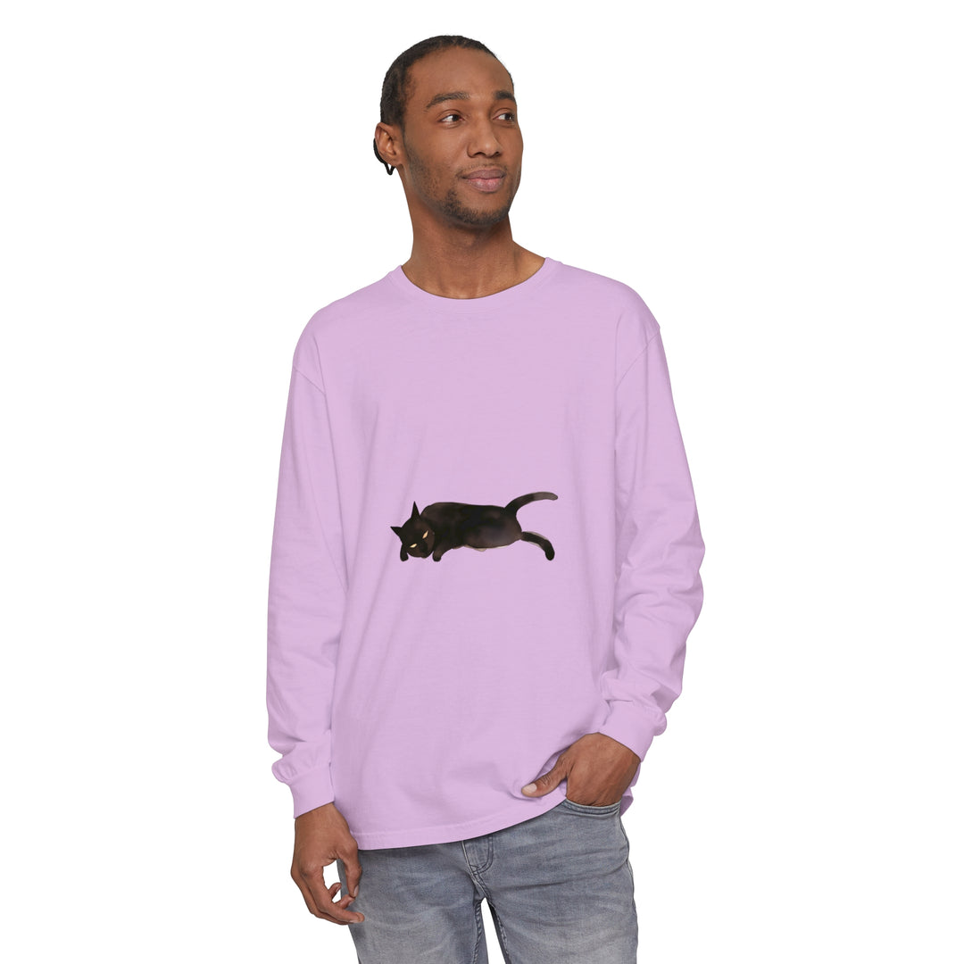 A cozy unisex long sleeve t-shirt featuring a black cat sleeping peacefully