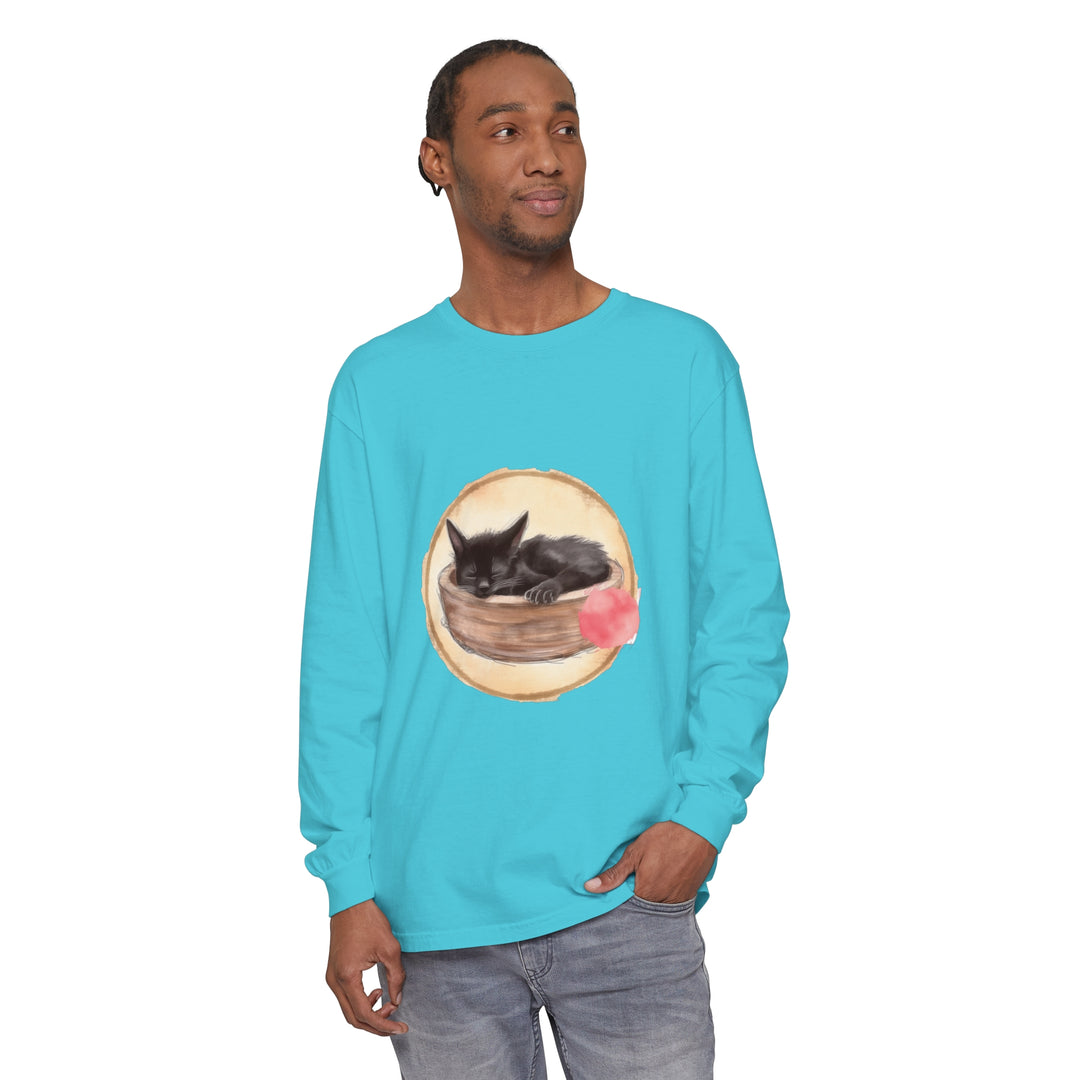 Watercolor long sleeve t-shirt featuring a cute sleeping cat in a bowl