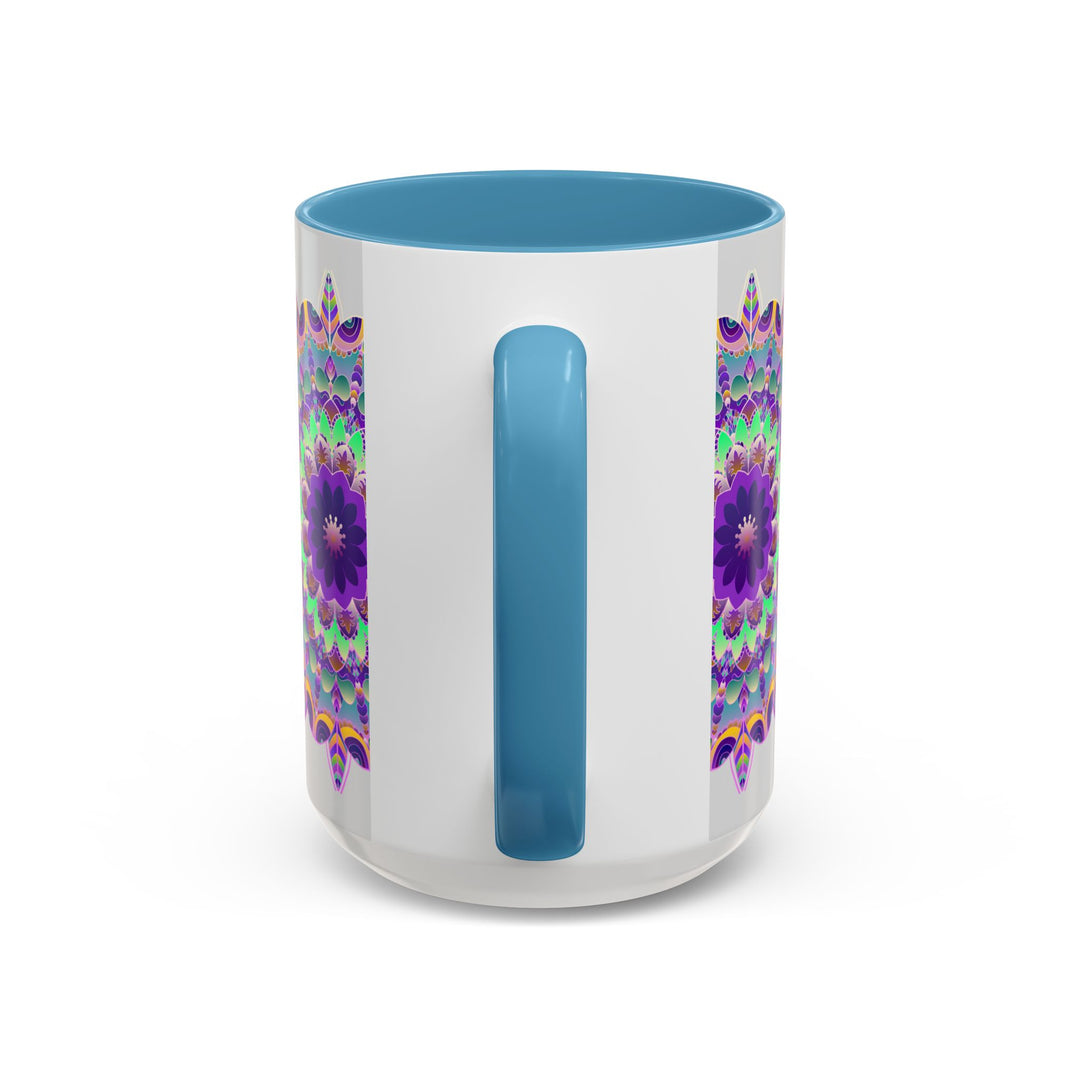 Beautiful light grey mug featuring vibrant mandala art design, perfect for enjoying your favorite hot beverage in style