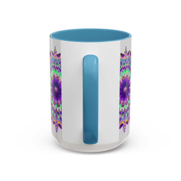 Beautiful light grey mug featuring vibrant mandala art design, perfect for enjoying your favorite hot beverage in style