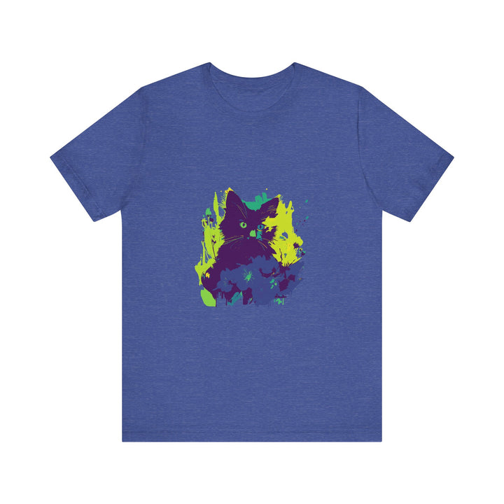 Black Cat Mystery - Abstract T-Shirt with intricate black cat design against a vibrant background