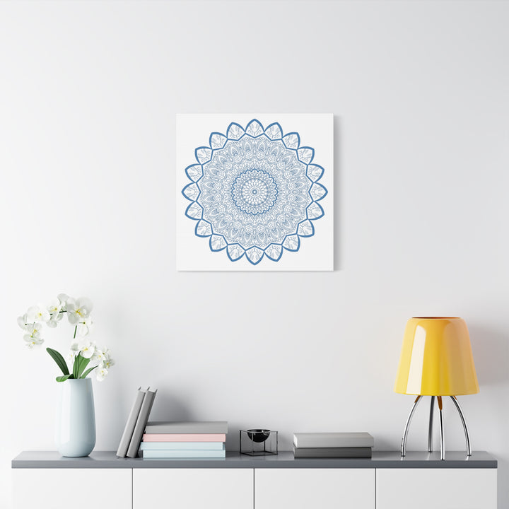 Intricate steel blue Mandala Art on matte canvas, stretched and ready to hang