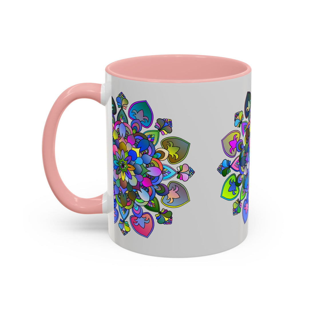 Colorful mandala mug featuring intricate floral art design on grey background