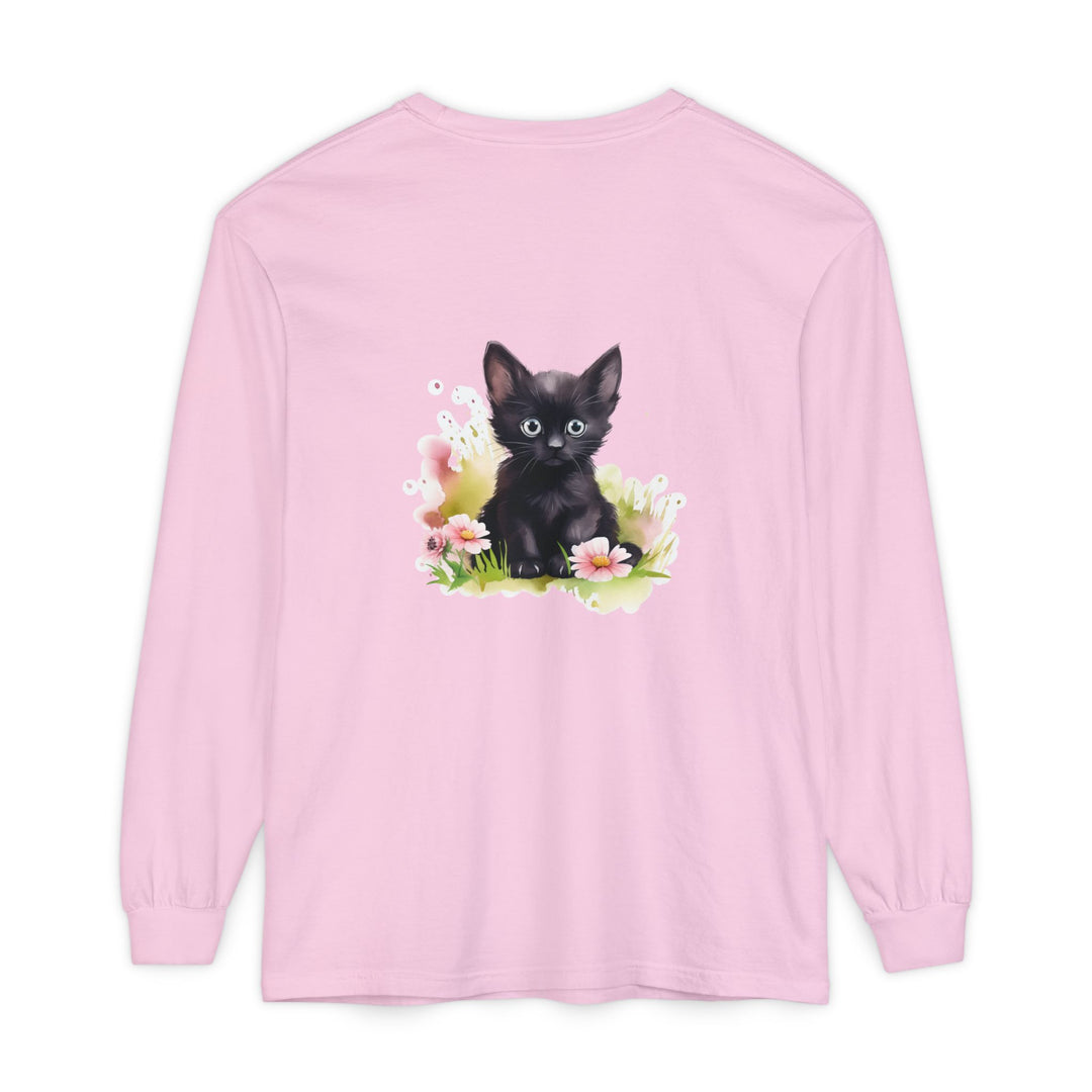 Black Kitten & Pink Flowers Long Sleeve T-Shirt