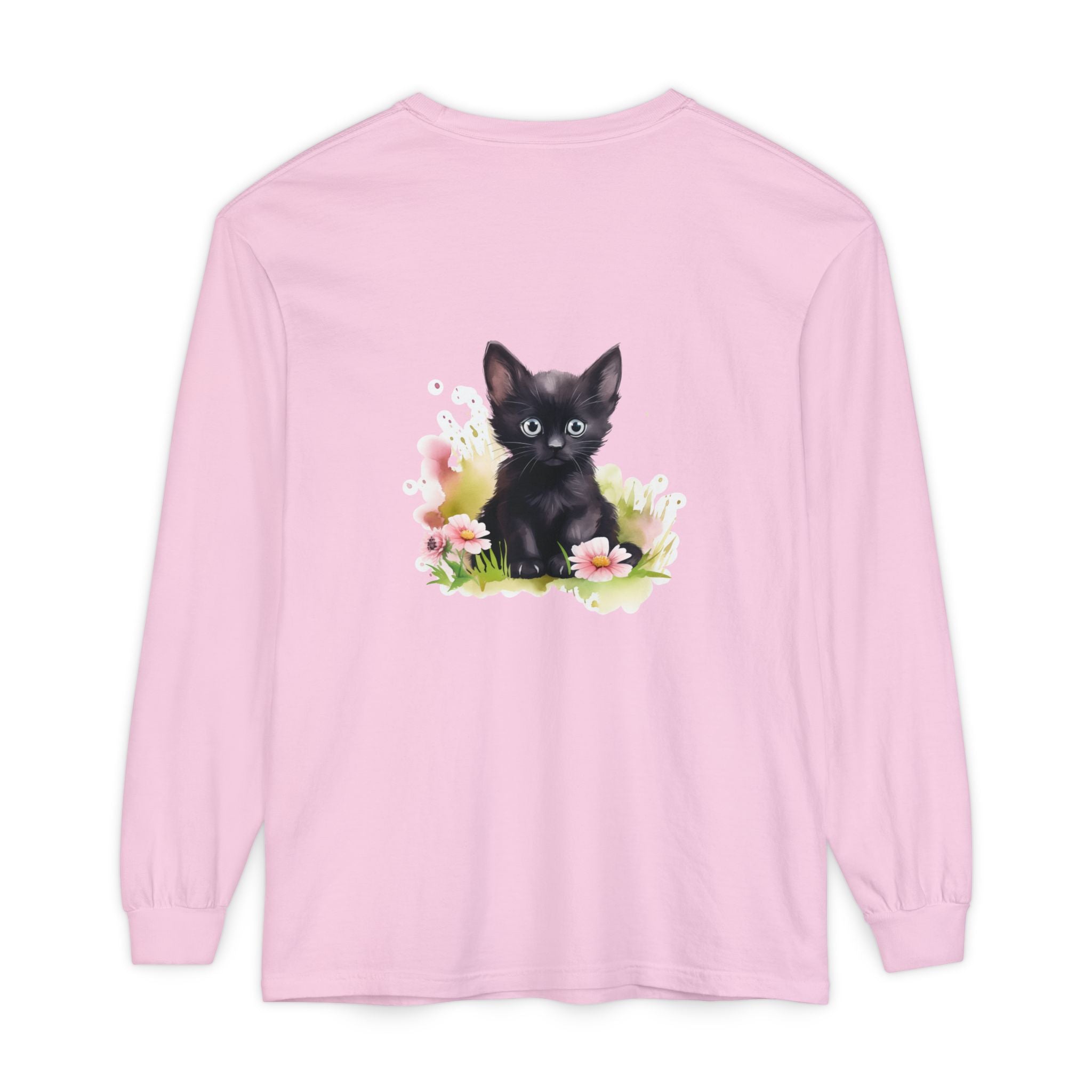 Langarmshirt mit schwarzem Kätzchen und rosa Blumen