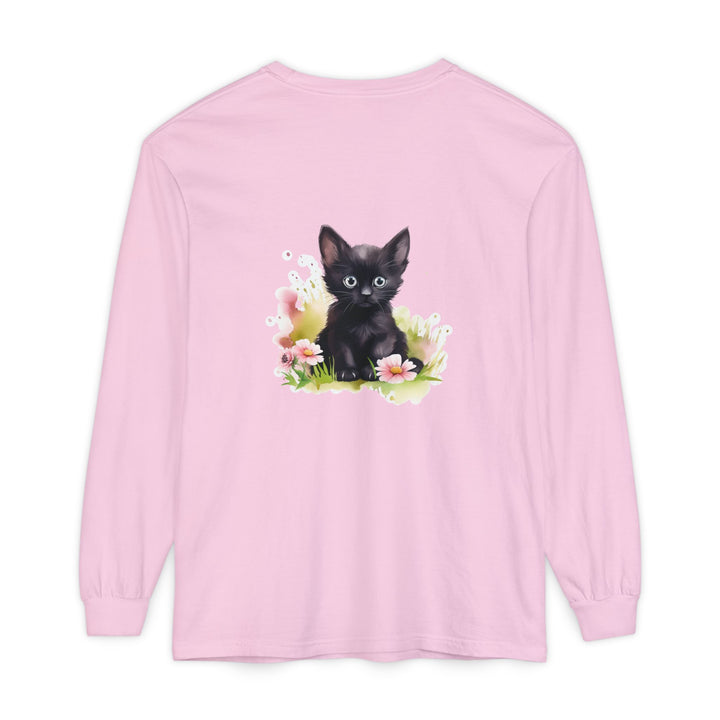 Black Kitten & Pink Flowers Long Sleeve T-Shirt