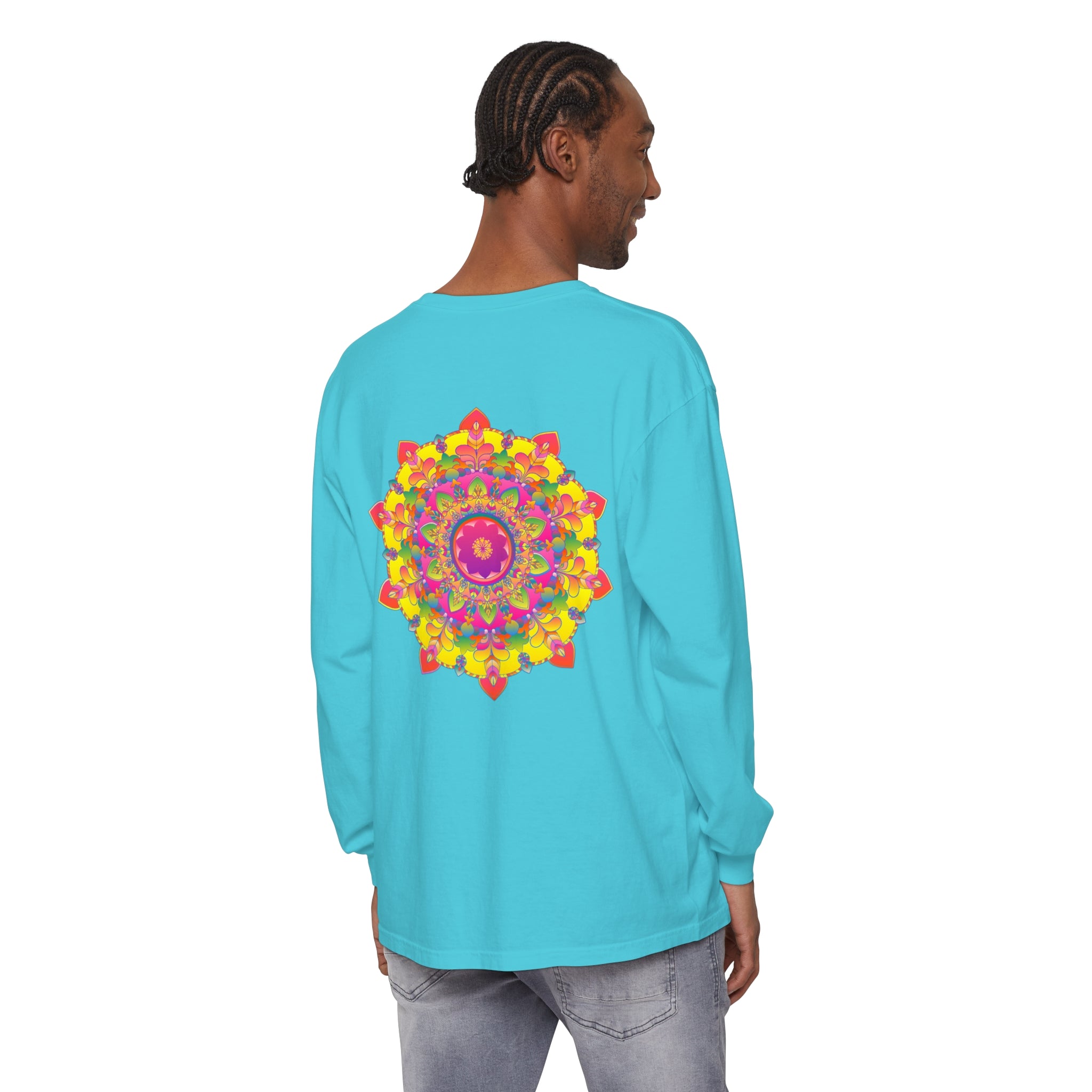 Colorful and intricate mandala design on a vibrant long sleeve t-shirt