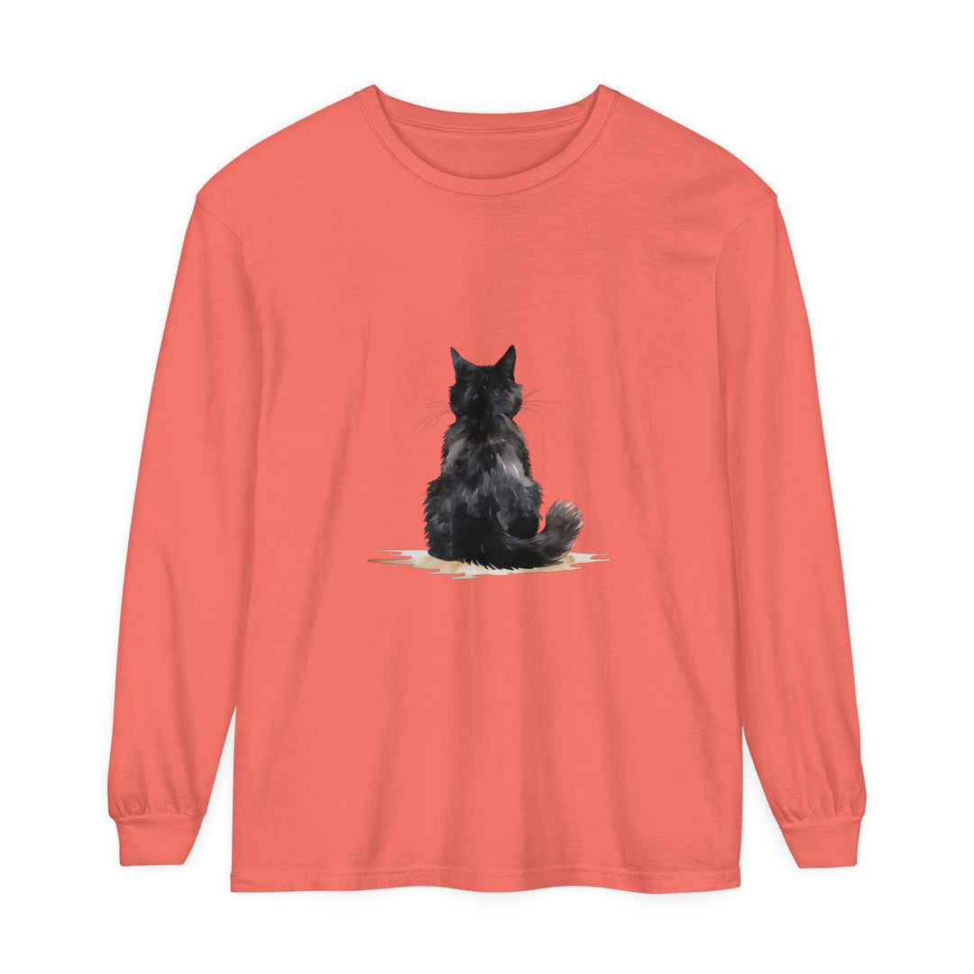 Black Cat Watercolor Unisex Long Sleeve T-Shirt featuring a beautiful black cat design in vibrant watercolor style, perfect for animal lovers and art enthusiasts