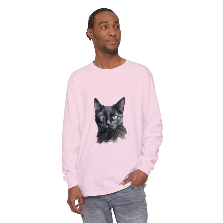 Black Cat Watercolor Mystical Long Sleeve T-Shirt with vibrant colors and detailed feline design