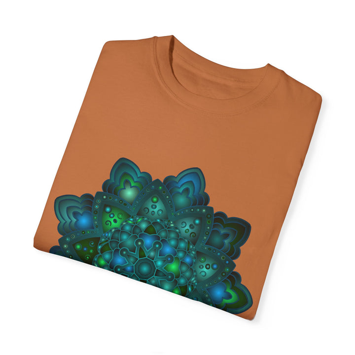 Intricate blue and green mandala design t-shirt for both men and women, perfect for adding a pop of color to your wardrobe