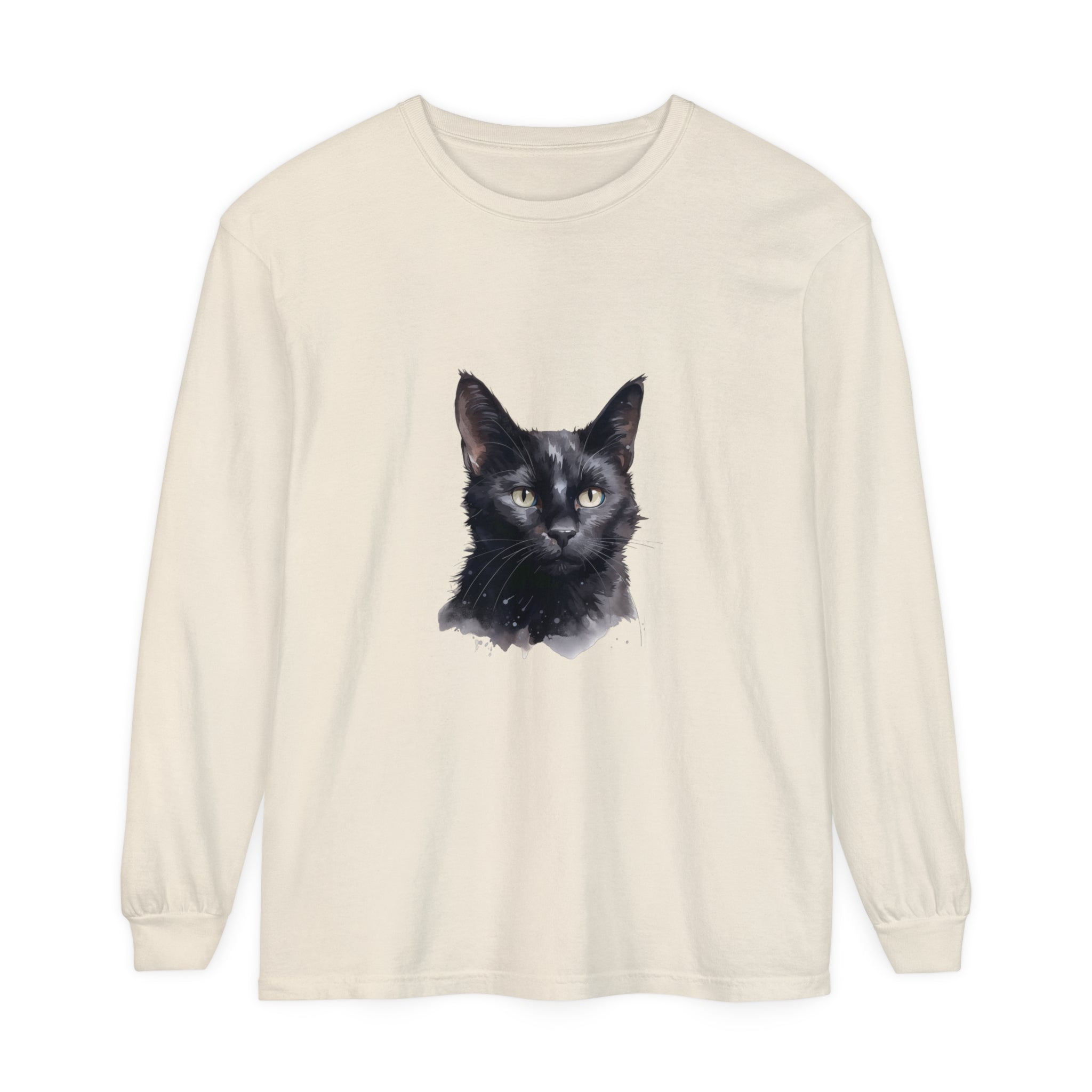 Black Cat Watercolor Unisex Long Sleeve T-Shirt with vibrant watercolor design