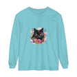Black Cat Floral Watercolor Long Sleeve T-Shirt with vibrant watercolor design