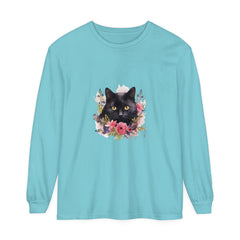 Black Cat Floral Watercolor Long Sleeve T-Shirt with vibrant watercolor design