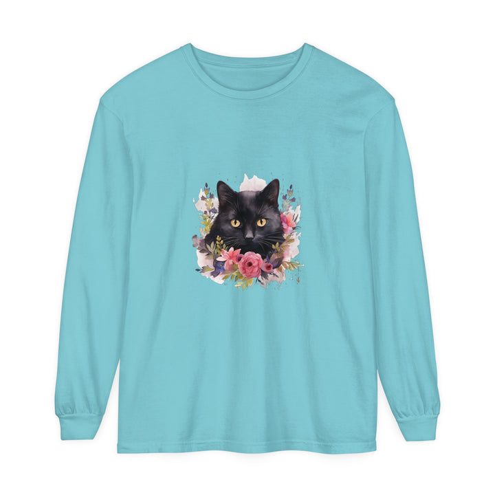 Black Cat Floral Watercolor Long Sleeve T-Shirt with vibrant watercolor design