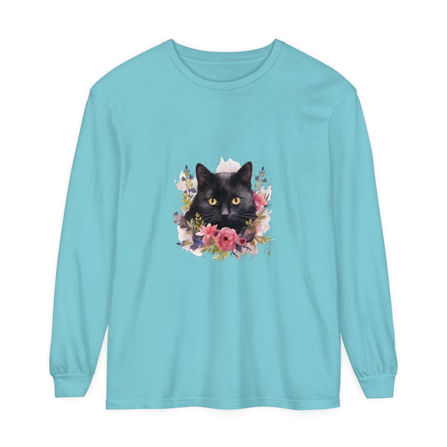Black Cat Floral Watercolor Long Sleeve T-Shirt with vibrant watercolor design