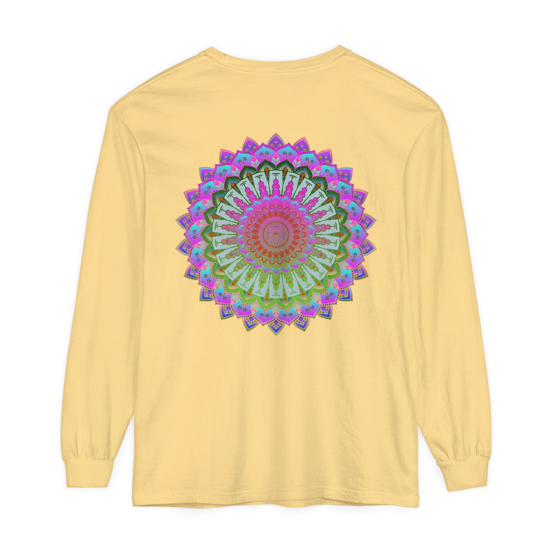 Vibrant Mandala Unisex Long Sleeve T-Shirt with intricate design and colorful patterns