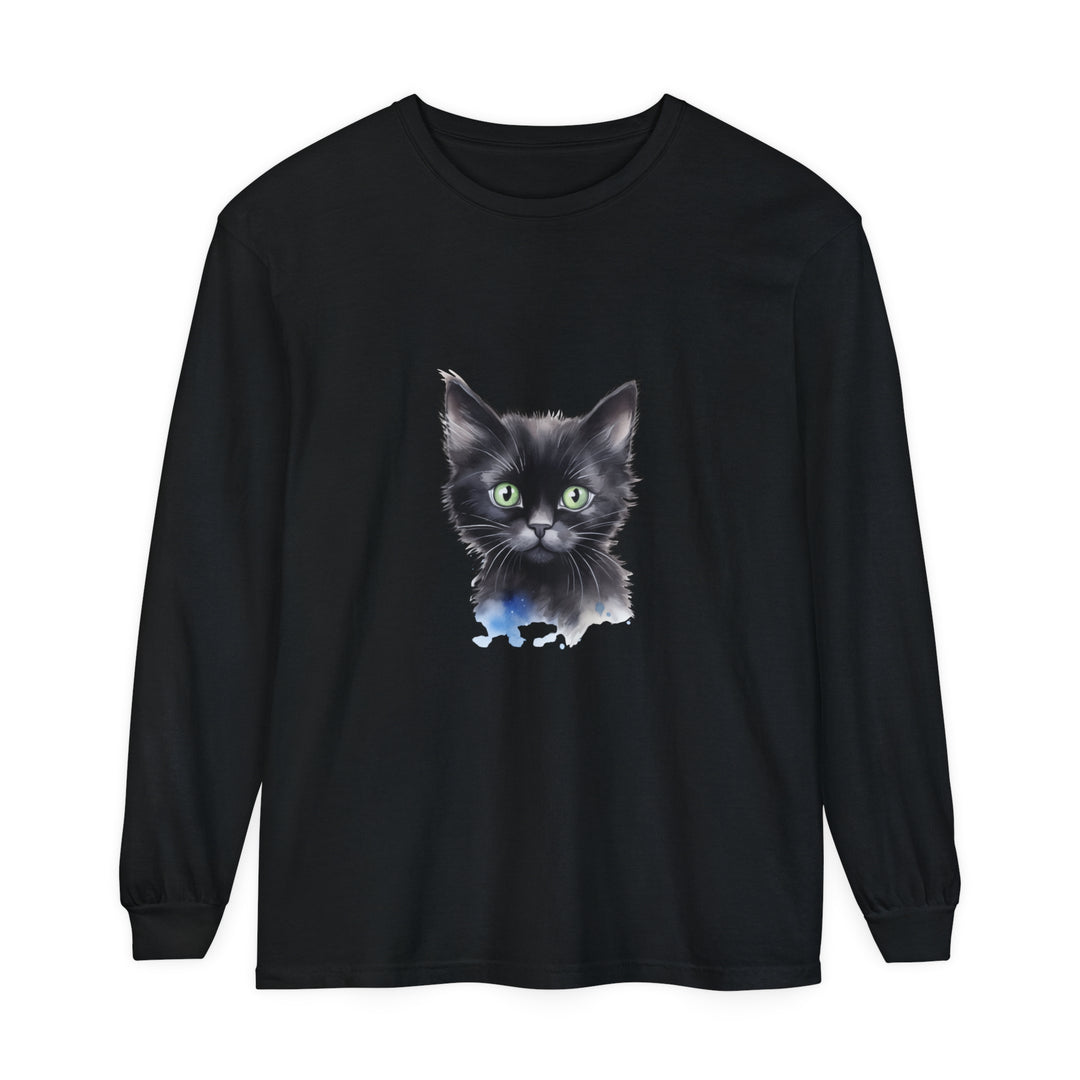 Black Cat Watercolor Unisex T-Shirt with vibrant watercolor design featuring a black cat