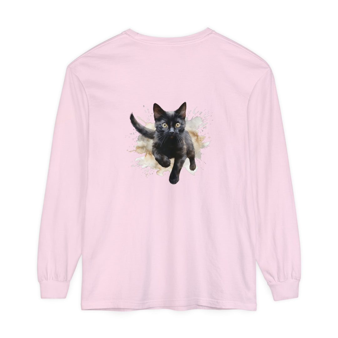 Black Cat Watercolor Splash T-Shirt with vibrant watercolor design and cute cat print