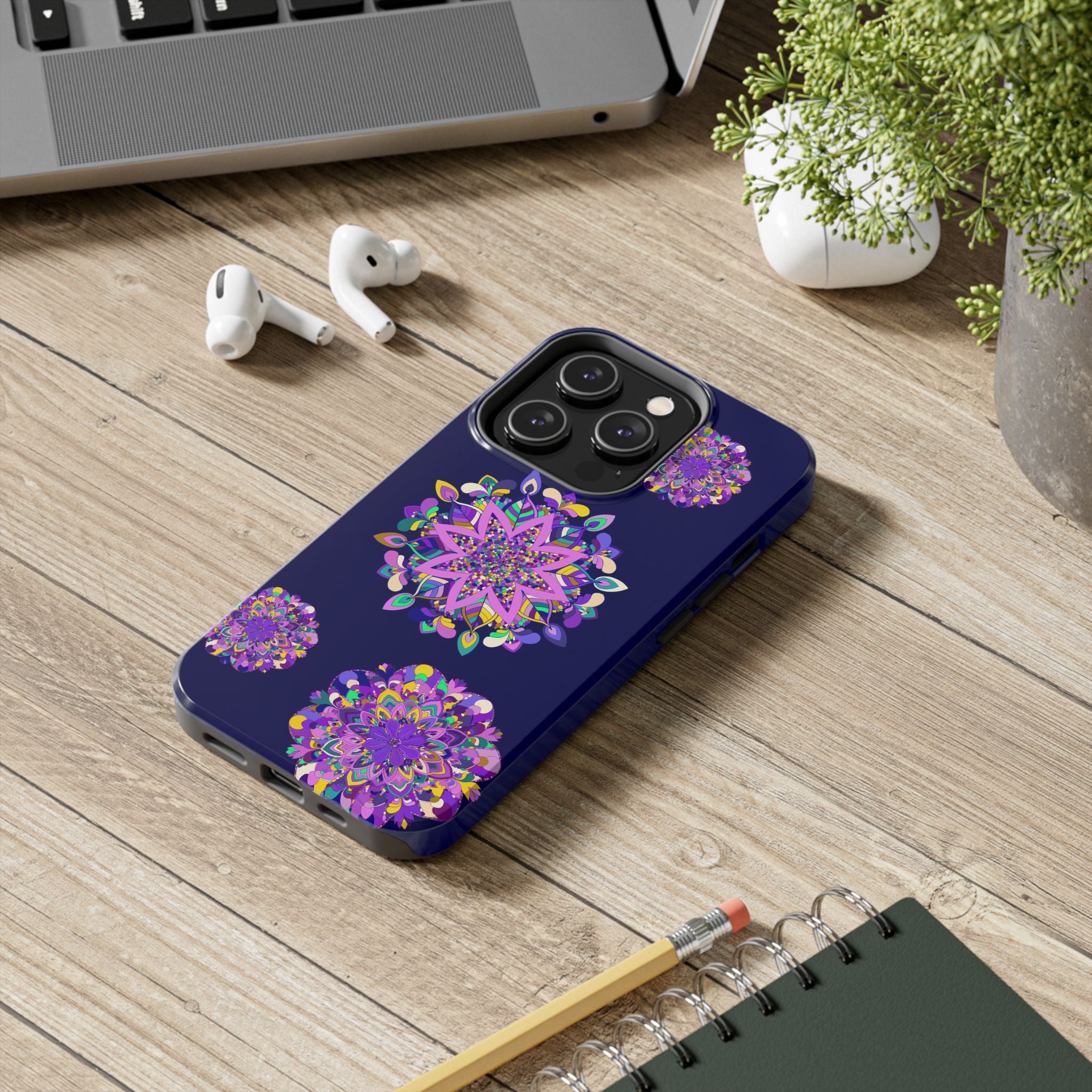 Hand drawn mandala art phone case in purple shades, known for its durability and shock absorbent features