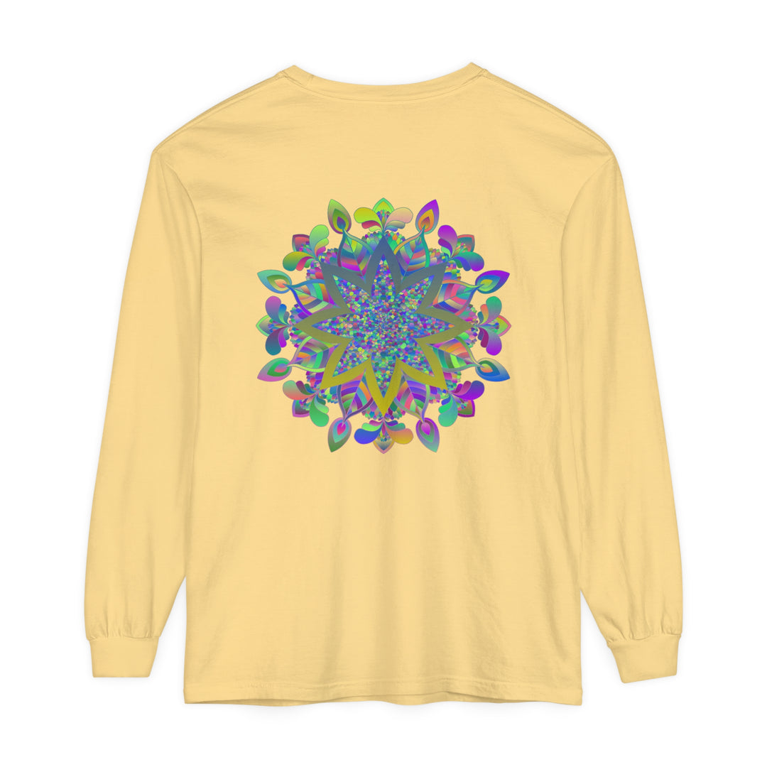 Vibrant and intricate mandala design on a unisex long sleeve t-shirt