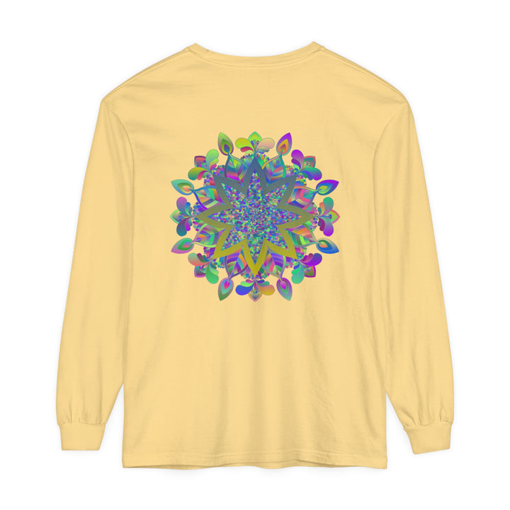 Vibrant and intricate mandala design on a unisex long sleeve t-shirt