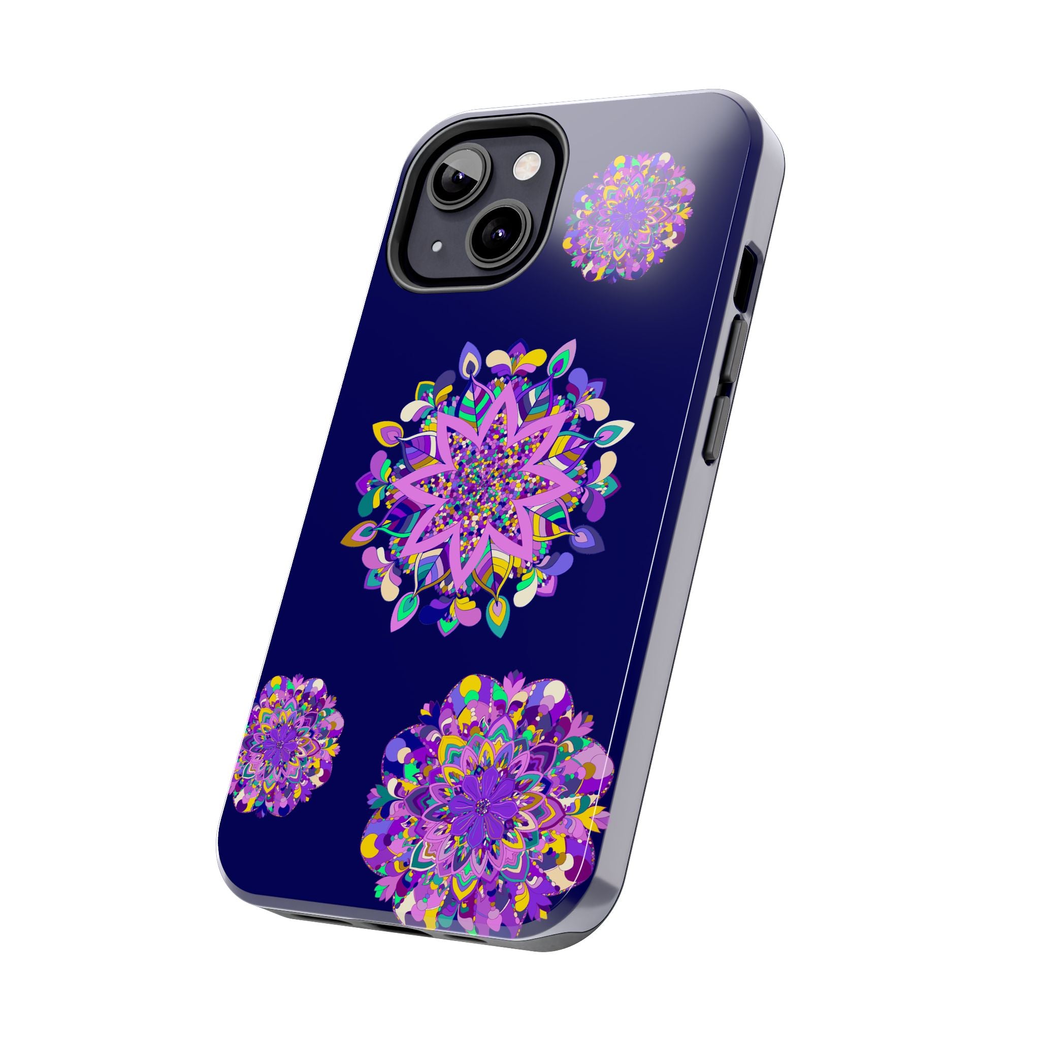 A durable and shock absorbent phone case with hand-drawn mandala art in purple shades