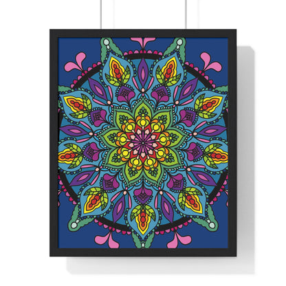 Hand-drawn blue mandala art poster, framed vertically for mindfulness and yoga