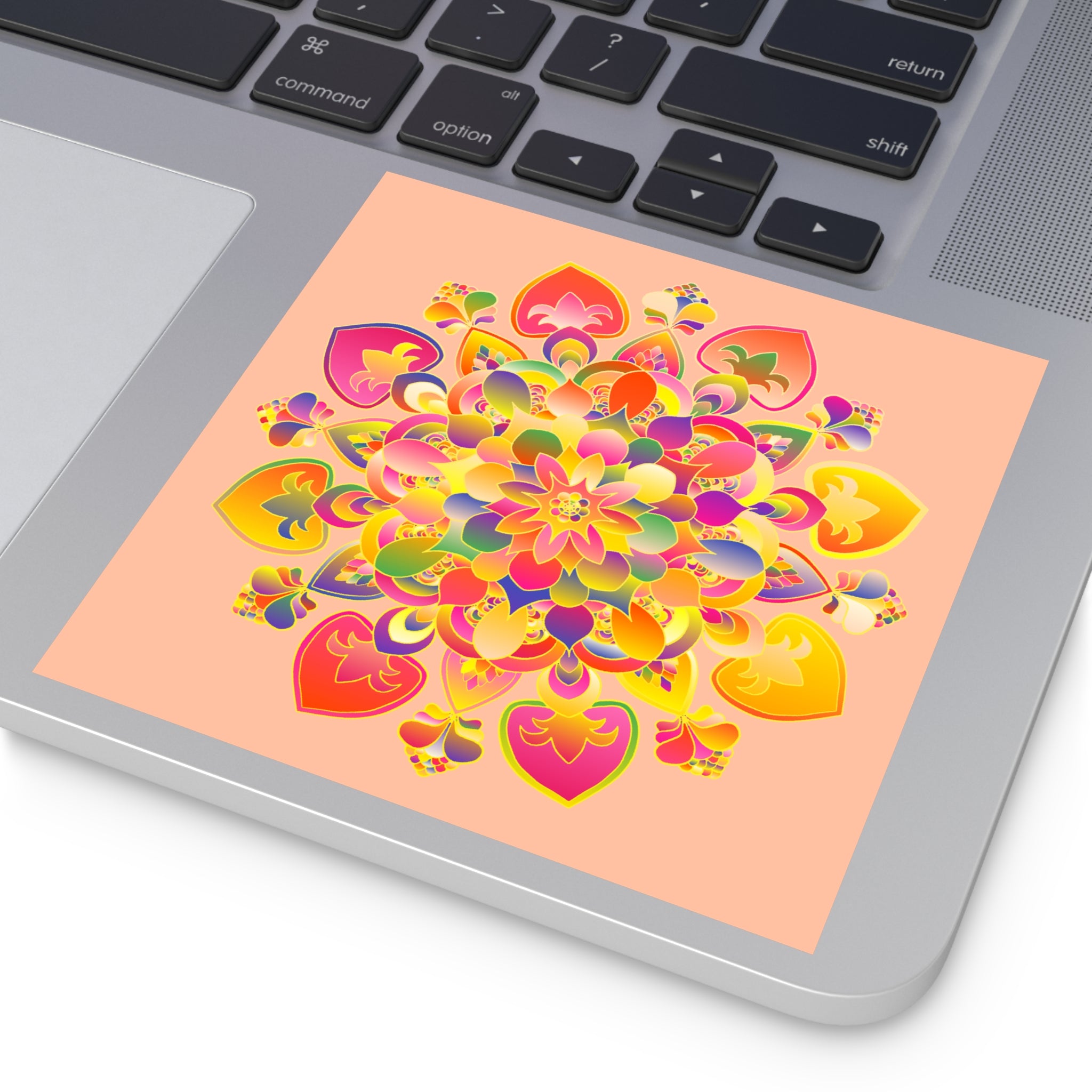 Hand-Drawn Mandala Laminate Stickers – Gold, Red, and Green on Peach