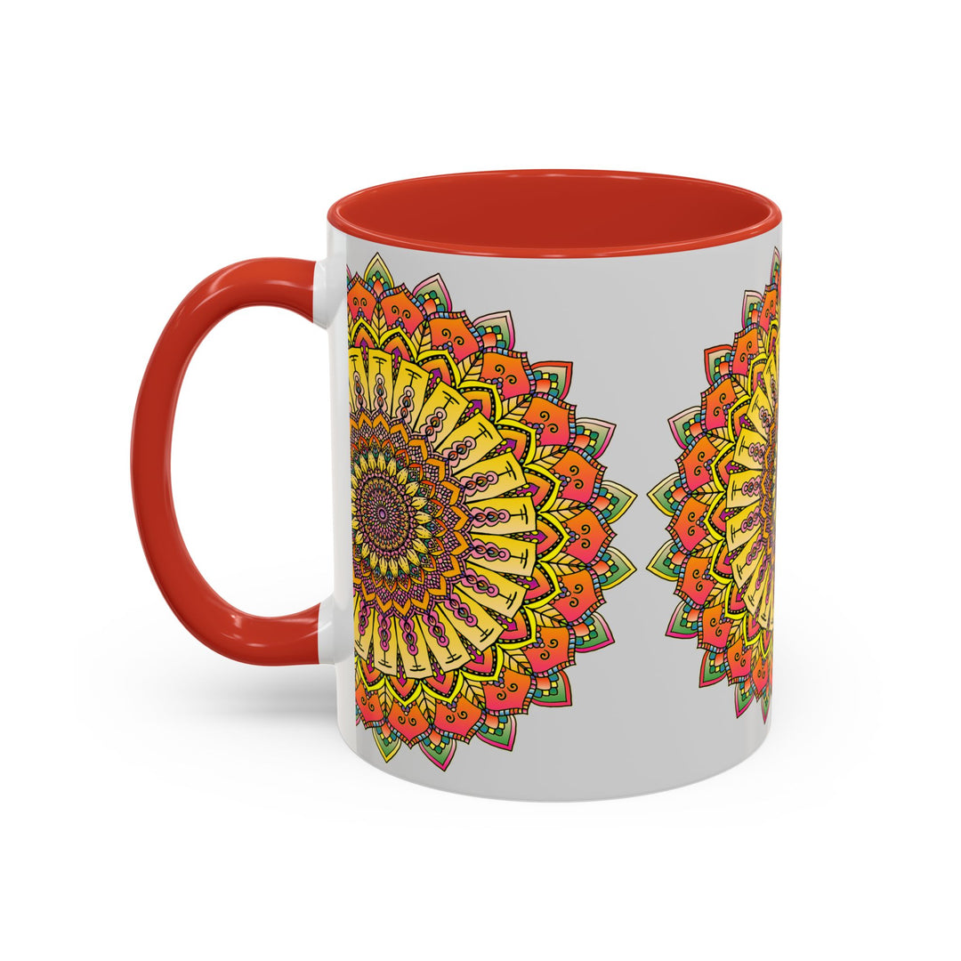 Vibrant mandala mug featuring colorful art in various shades on a grey background, perfect for adding a pop of color to your morning coffee routine