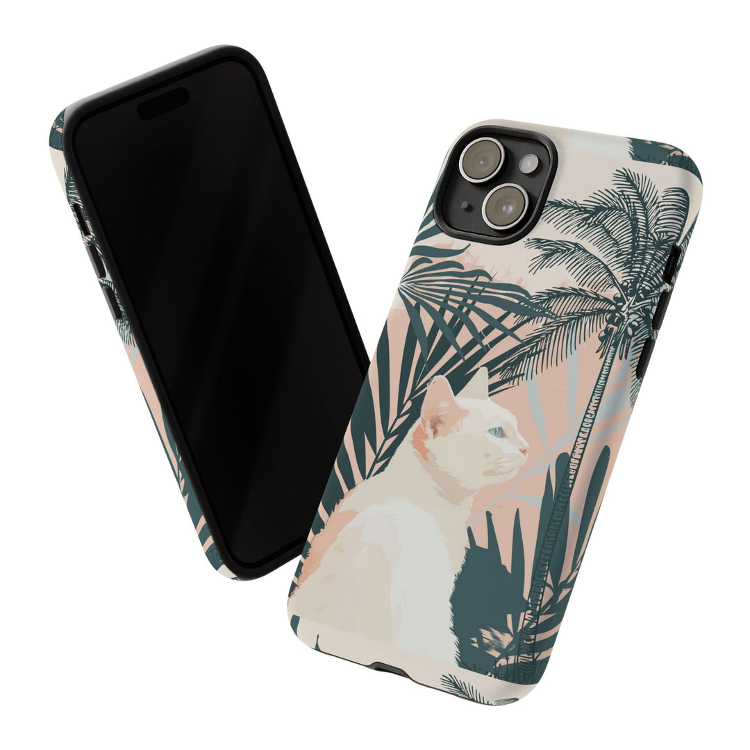 Tropische Katzen-Telefonhülle mit üppigen Palmenmotiven und sanften Pastelltönen