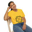 Beautiful white t-shirt with a floral garland design and the words 'Breathe in Peace Exhale Stress' written in elegant script font