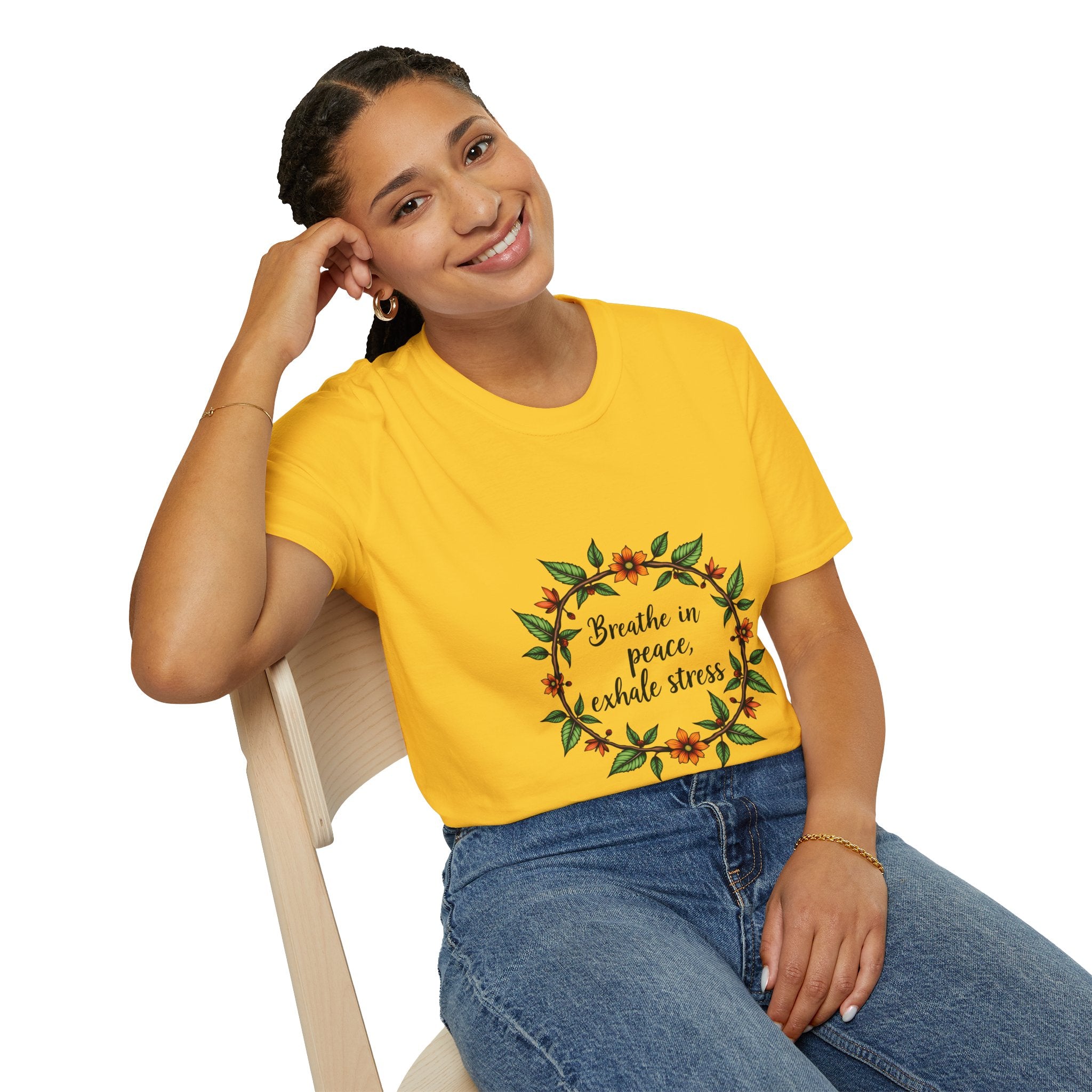 Beautiful white t-shirt with a floral garland design and the words 'Breathe in Peace Exhale Stress' written in elegant script font