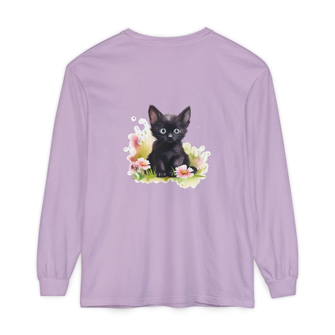 Black Kitten & Pink Flowers Long Sleeve T-Shirt