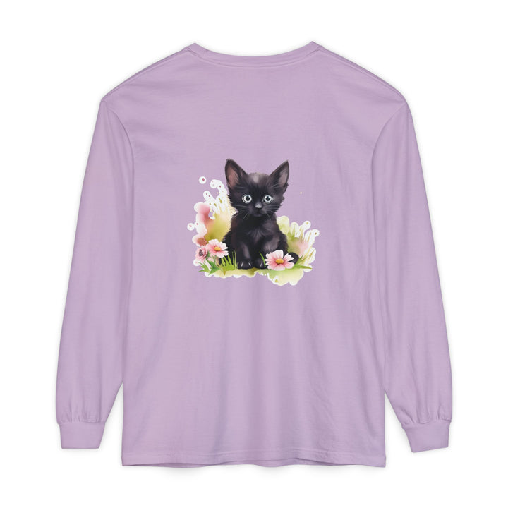 Black Kitten & Pink Flowers Long Sleeve T-Shirt