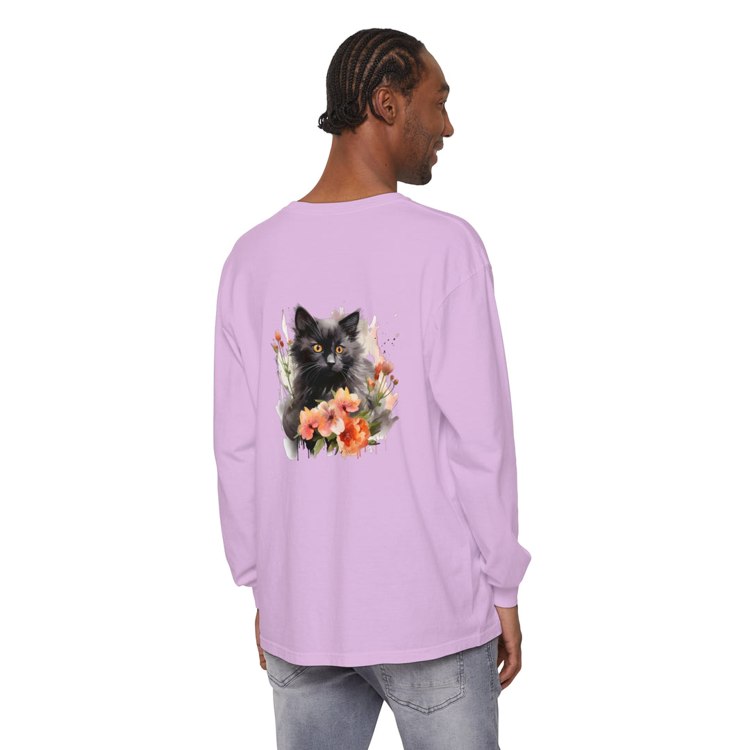 Beautiful watercolor t-shirt featuring a black cat surrounded by vibrant flowers