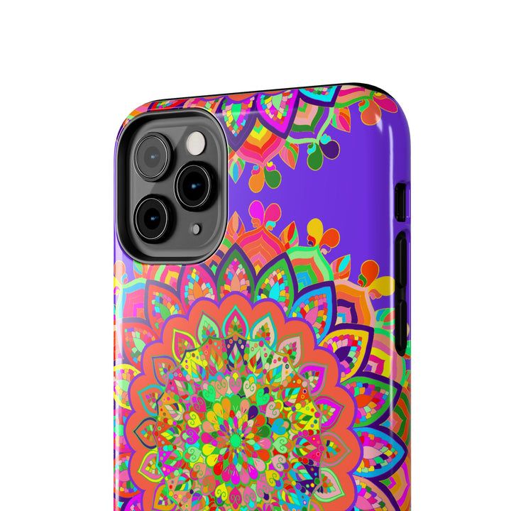 A close-up image of a hand drawn purple Mandala Art phone case, showcasing intricate and beautiful design details on a protective cover for mobile devices